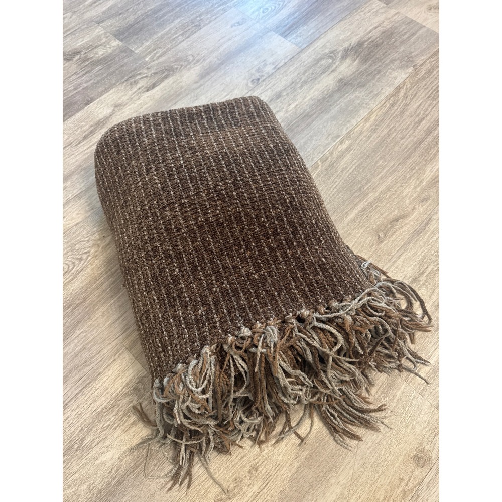 Restoration Hardware Brown Textured Fringed Throw Blanket Rayon Cotton 46x67